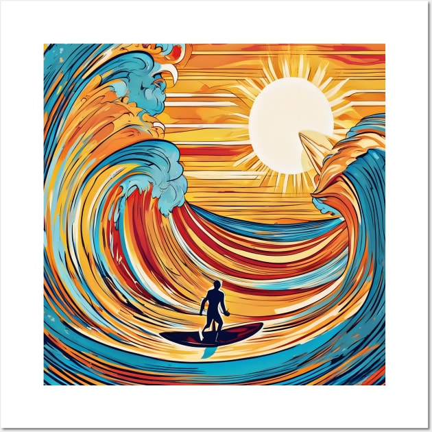 Surfer Riding the Waves in a Mesmerizing Sunlit Painting Wall Art by Fadedstar